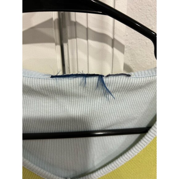 Yellow Green Light Blue V Neck Ribbed Long Sleeve Shirt Button Cuff Detail - Picture 6 of 9